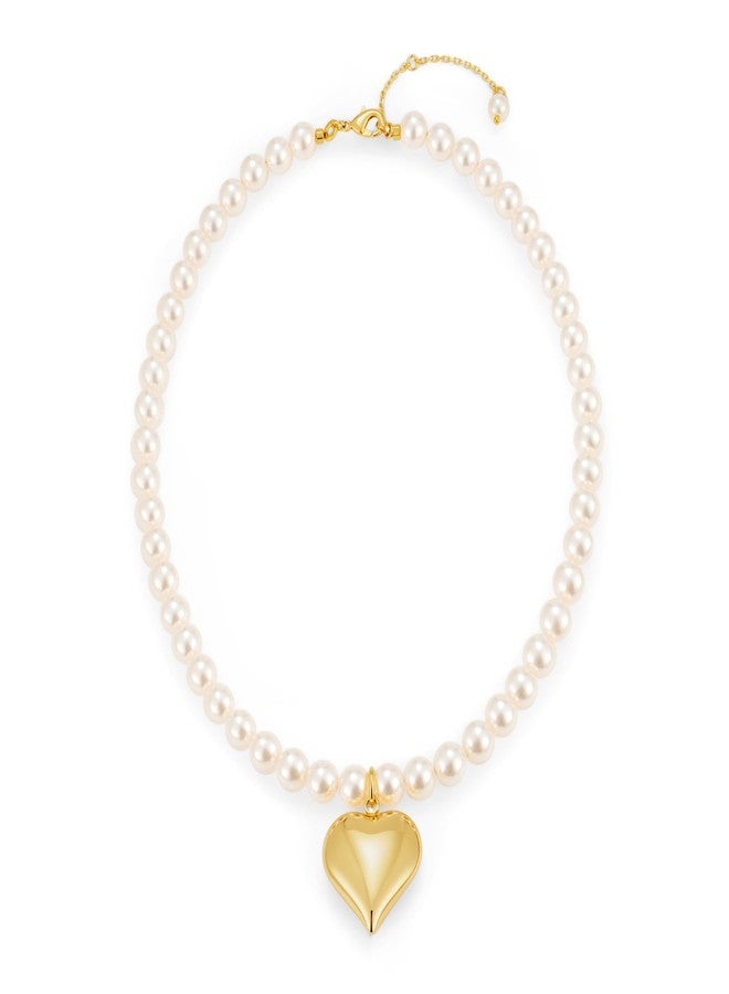 FAUTHENTICUTE Imitation Pearl Strand Necklaces For Women With A Large Puffy Heart Pendant Heart Choker Necklaces - Image 1